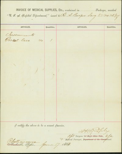 Lists supplies issued to H.A. Cooper, surgeon of the 23rd Missouri Volunteer Infantry by T. H. Ridgely